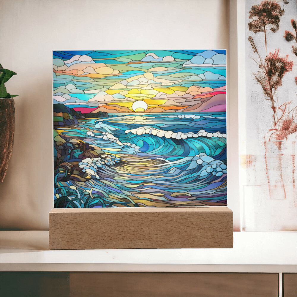 Sunset Waves on the Beach Stained Glass Sublimation Square Acrylic Plaque