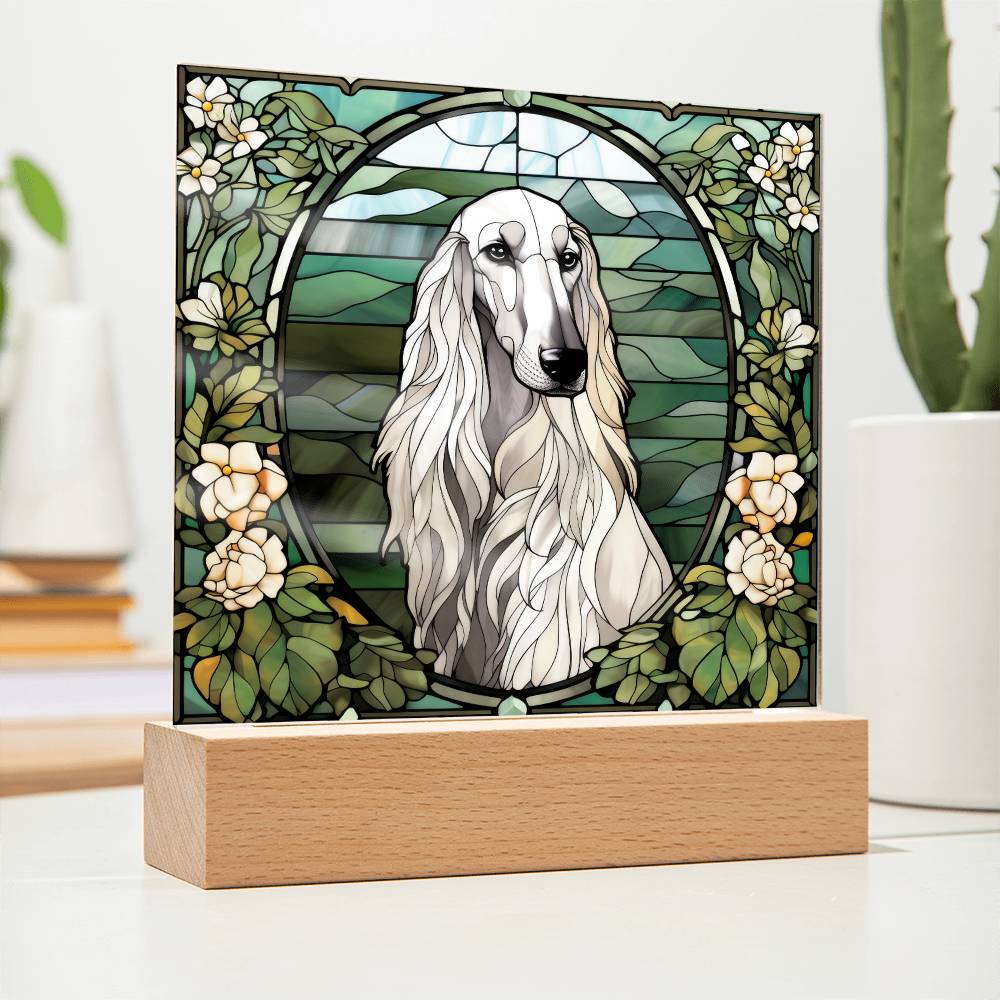 White Afghan Hound Dog Acrylic  Square Plaque, Pet Memorial