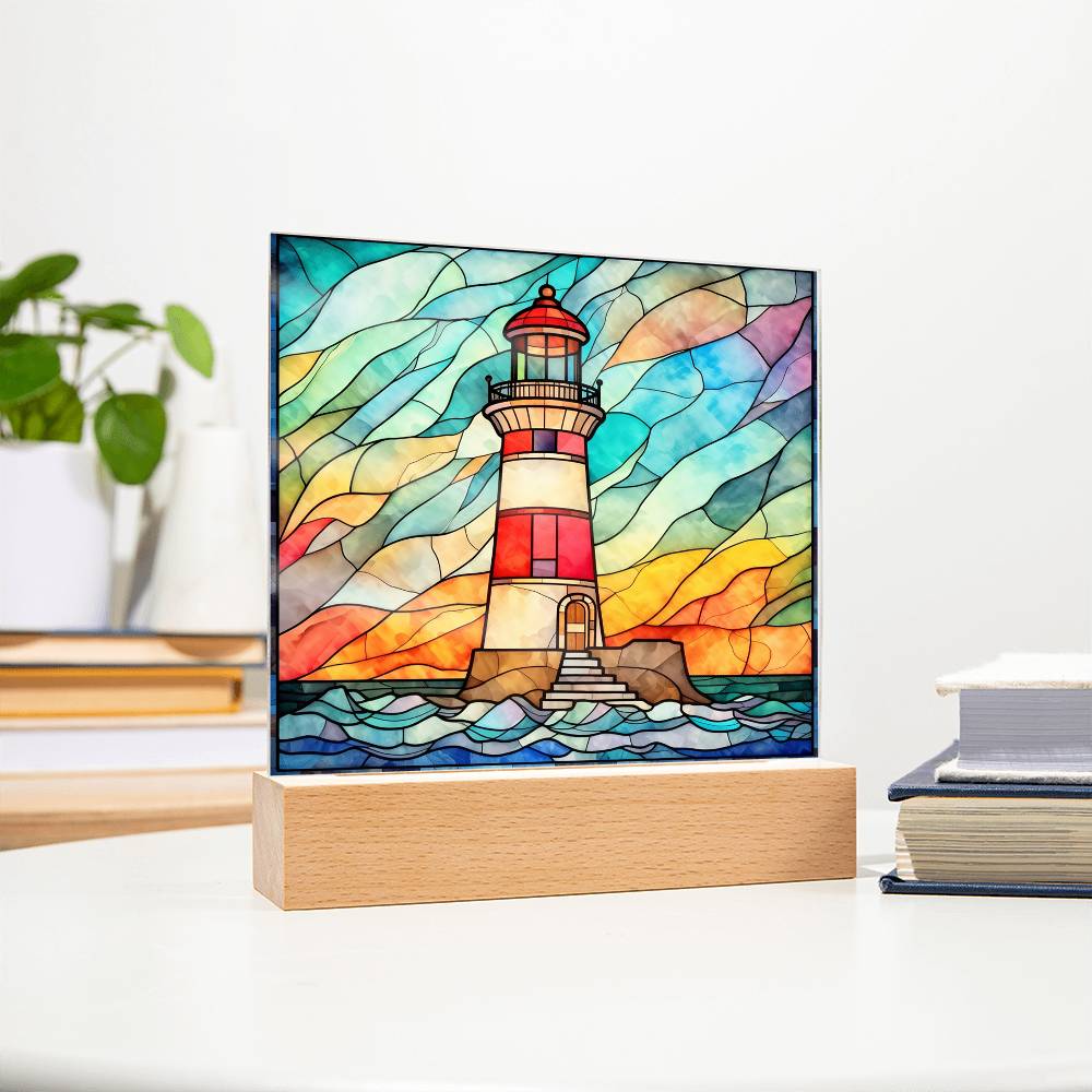 Lighthouse Sublimation Stained Glass Square Acrylic Plaque