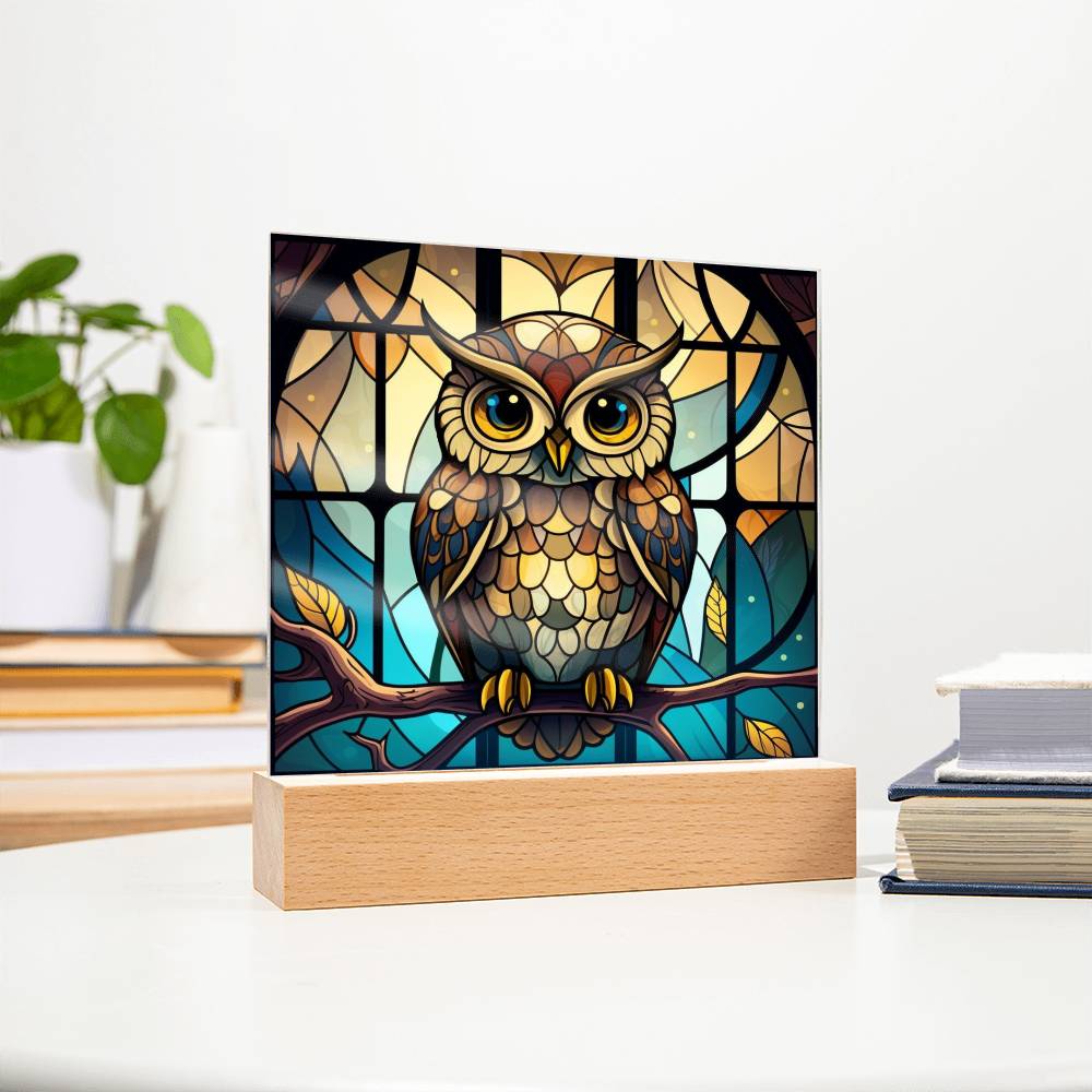 Owl Faux Stained Glass Square Acrylic Plaque