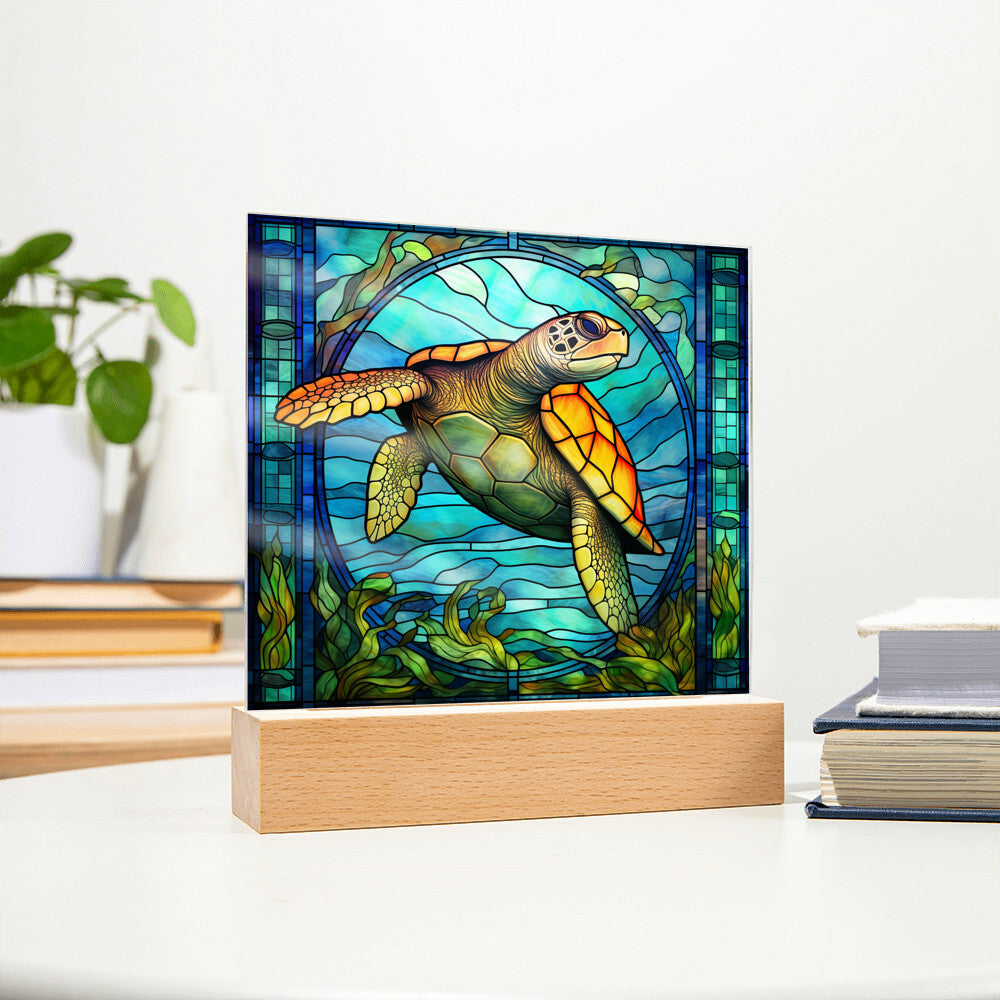 Sea Turtle Sublimation Stained Glass Square Acrylic Plaque