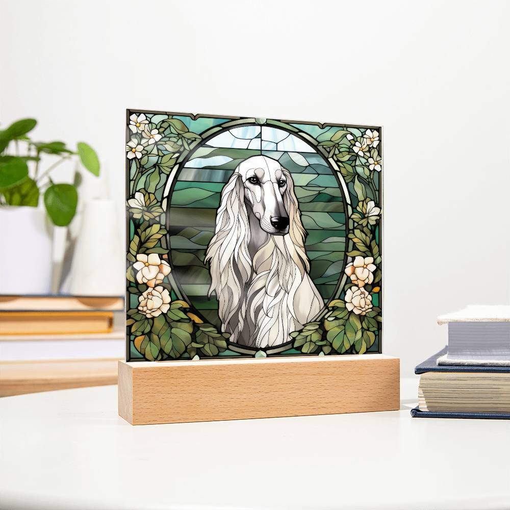 White Afghan Hound Dog Acrylic  Square Plaque, Pet Memorial