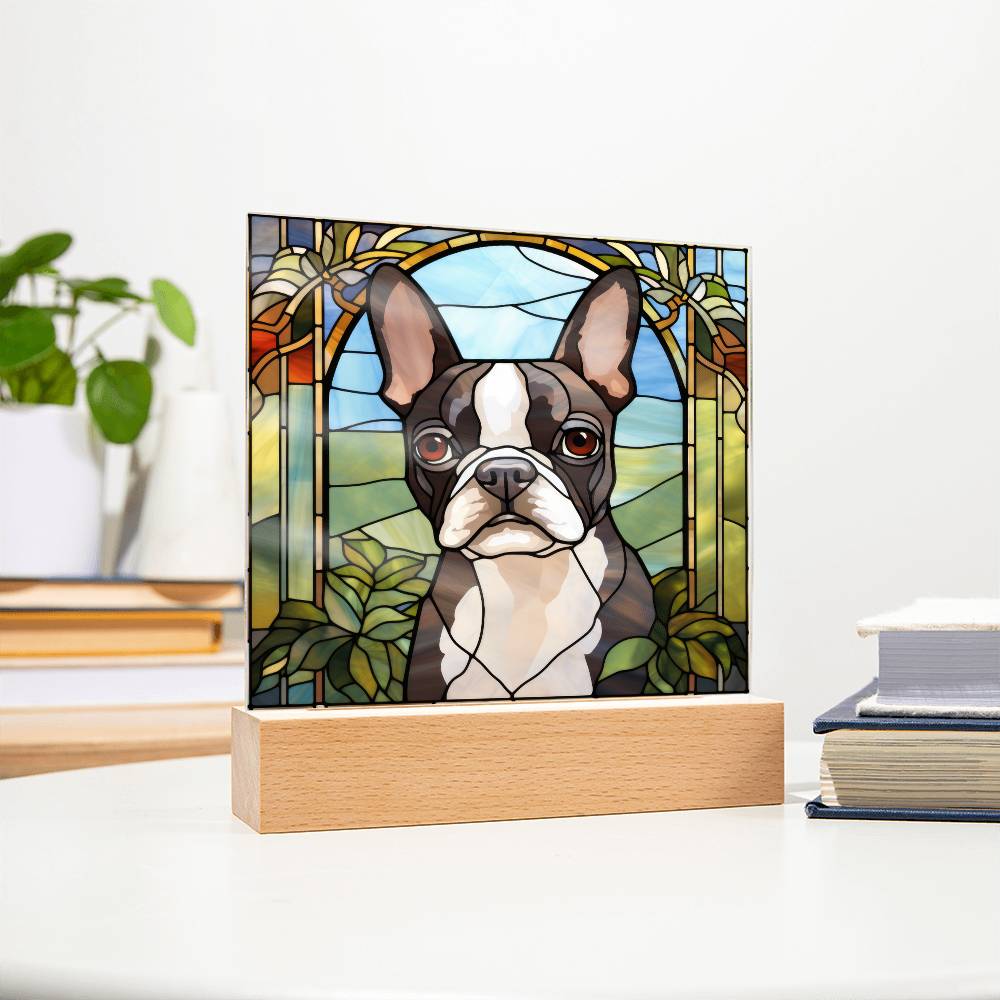 Grey Boston Terrier Dog Acrylic  Square Plaque, Pet Memorial