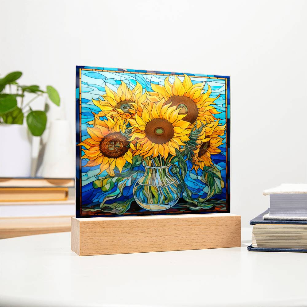 Sunflowers in Vase Faux Stained Glass Square Acrylic Plaque