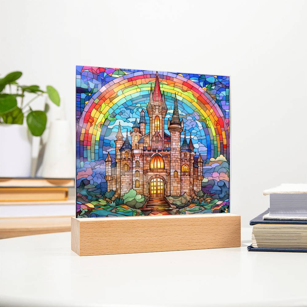 Rainbow Castle Faux Stained Glass Square Acrylic Plaque