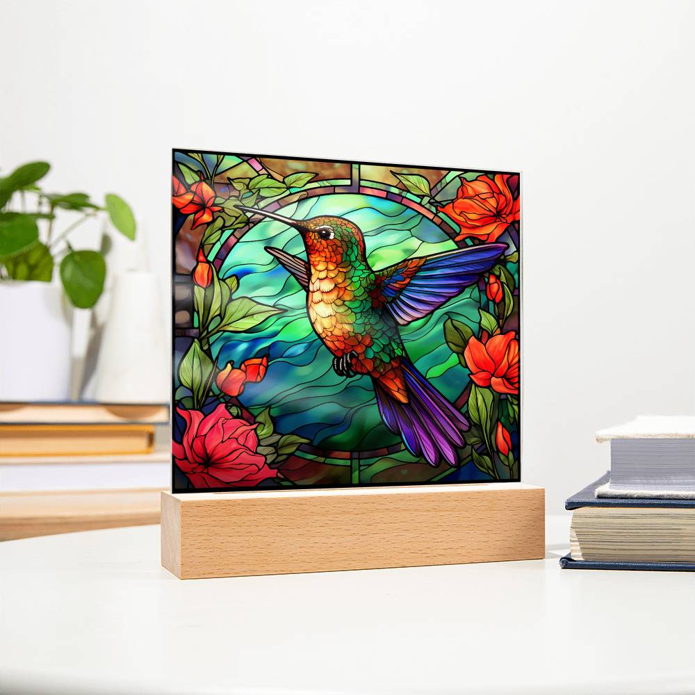 Hummingbird Faux Stained Glass Square Acrylic Plaque