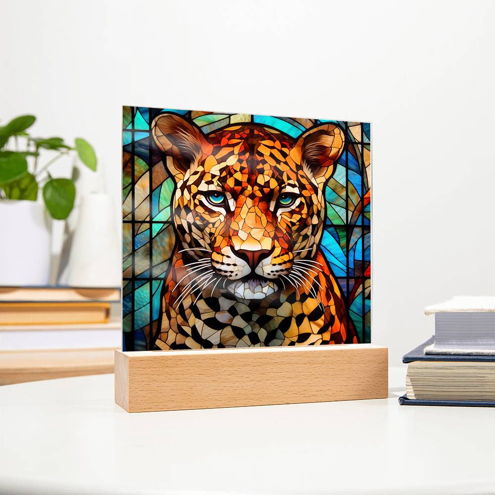 Leopard Faux Stained Glass Square Acrylic Plaque