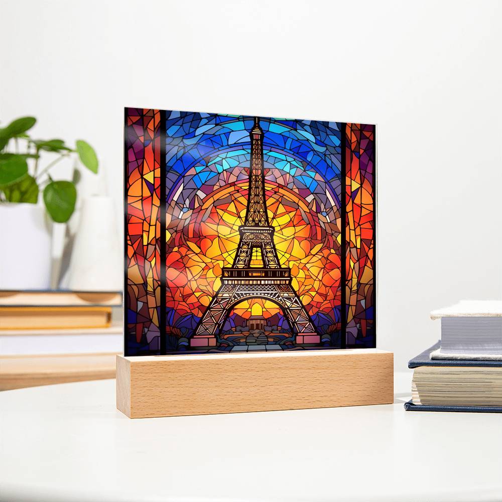 Eiffel Tower Faux Stained Glass Square Acrylic Plaque