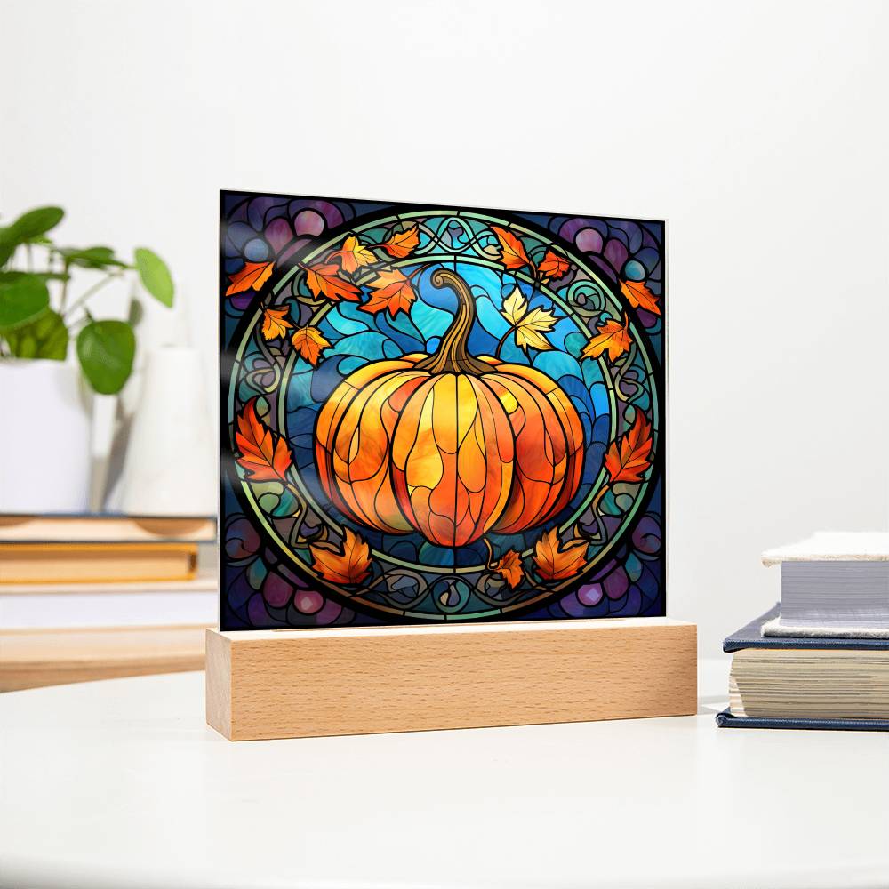 Fall Pumpkin Faux Stained Glass Square Acrylic Plaque