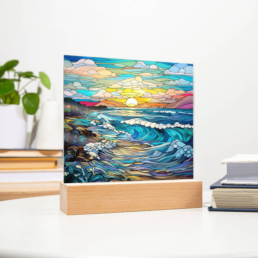 Sunset Waves on the Beach Stained Glass Sublimation Square Acrylic Plaque