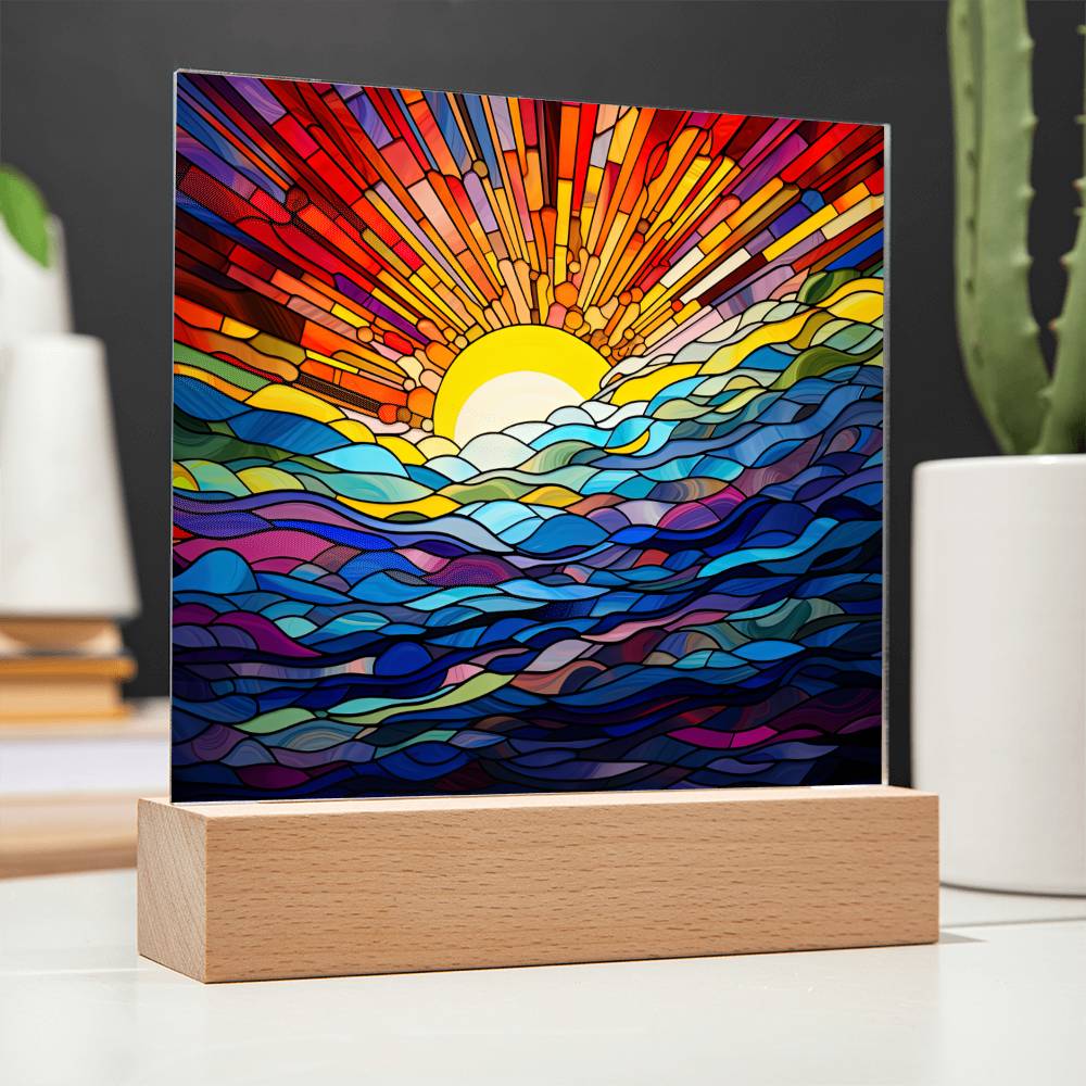 Ocean Sunrise Faux Stained Glass Square Acrylic Plaque