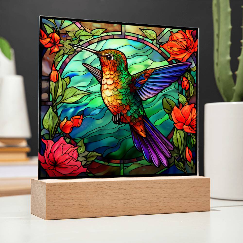 Hummingbird Faux Stained Glass Square Acrylic Plaque