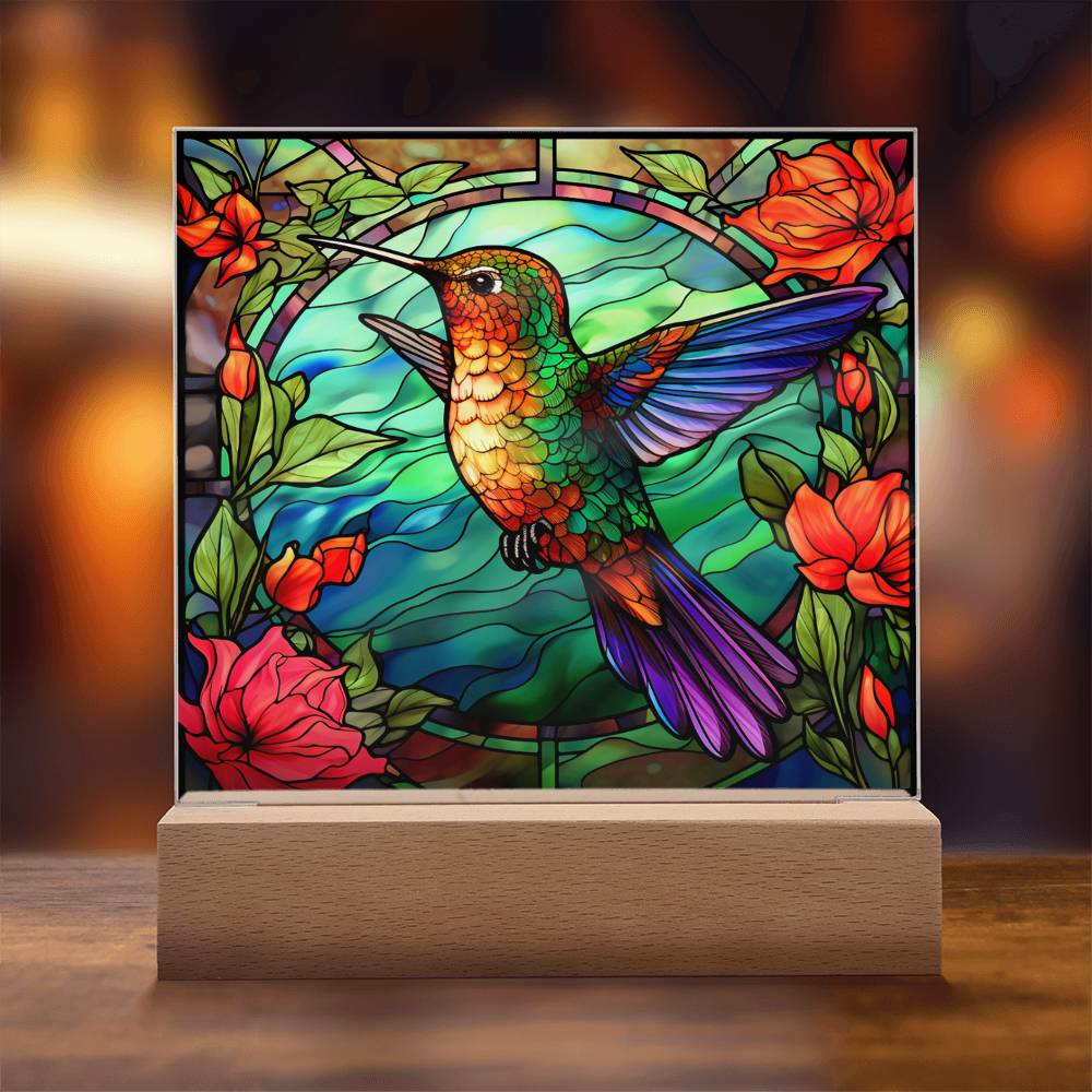 Hummingbird Faux Stained Glass Square Acrylic Plaque