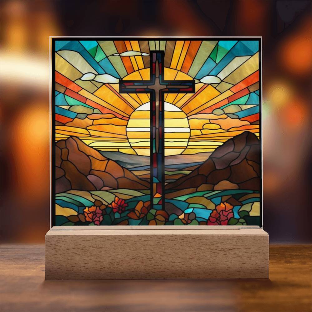 Stained Glass Cross Square Acrylic Plaque