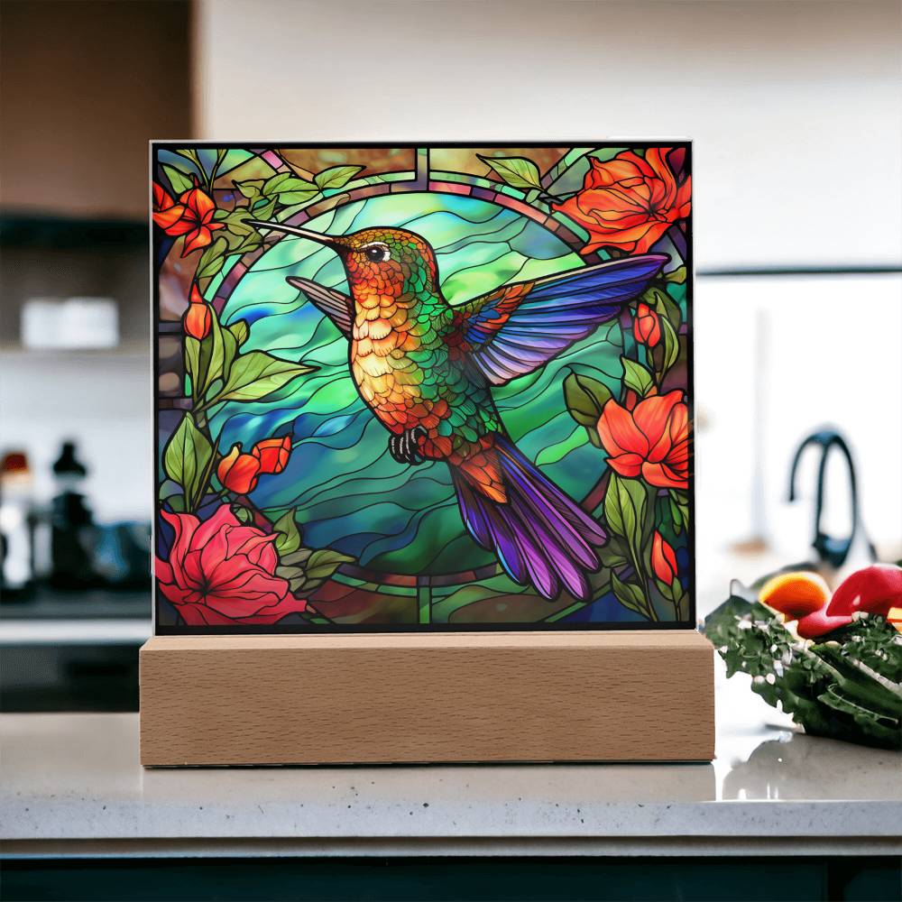 Hummingbird Faux Stained Glass Square Acrylic Plaque