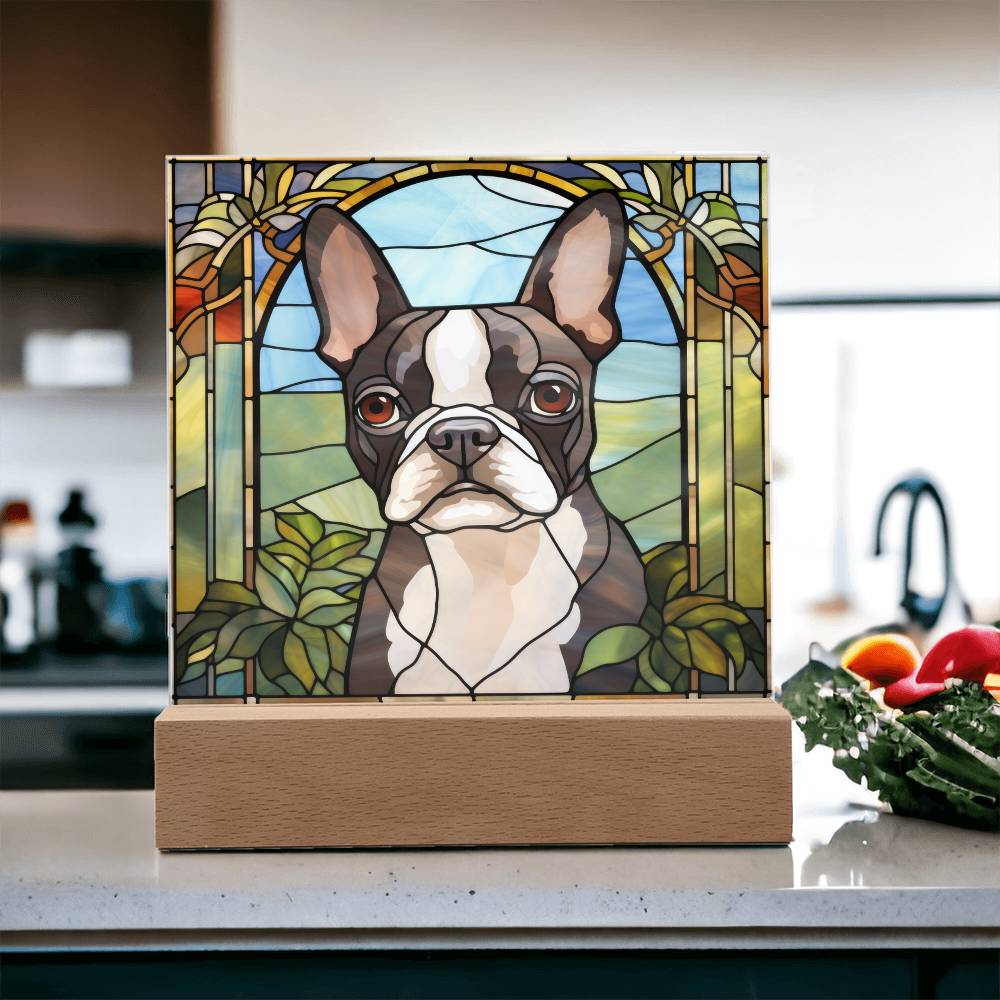 Grey Boston Terrier Dog Acrylic  Square Plaque, Pet Memorial