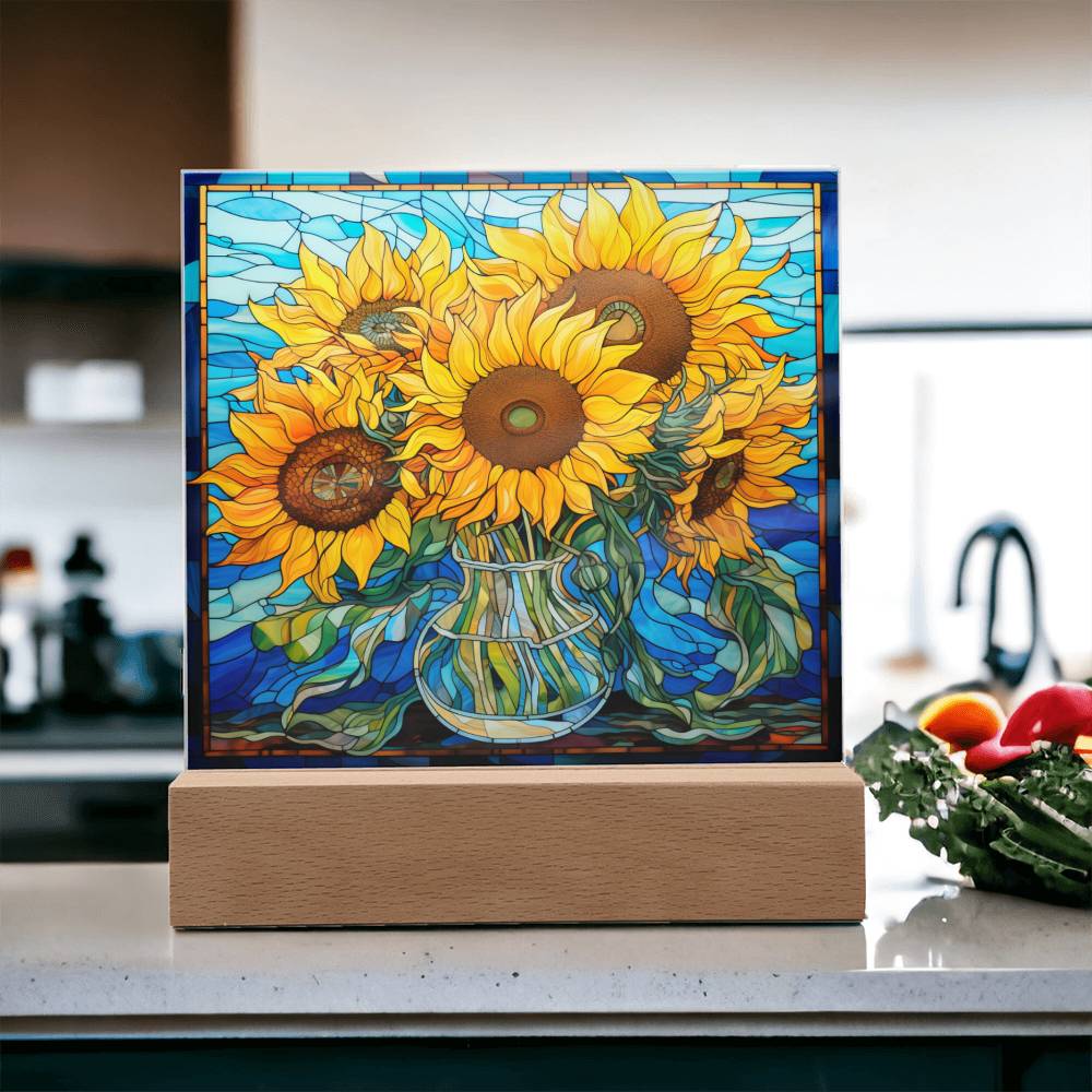 Sunflowers in Vase Faux Stained Glass Square Acrylic Plaque