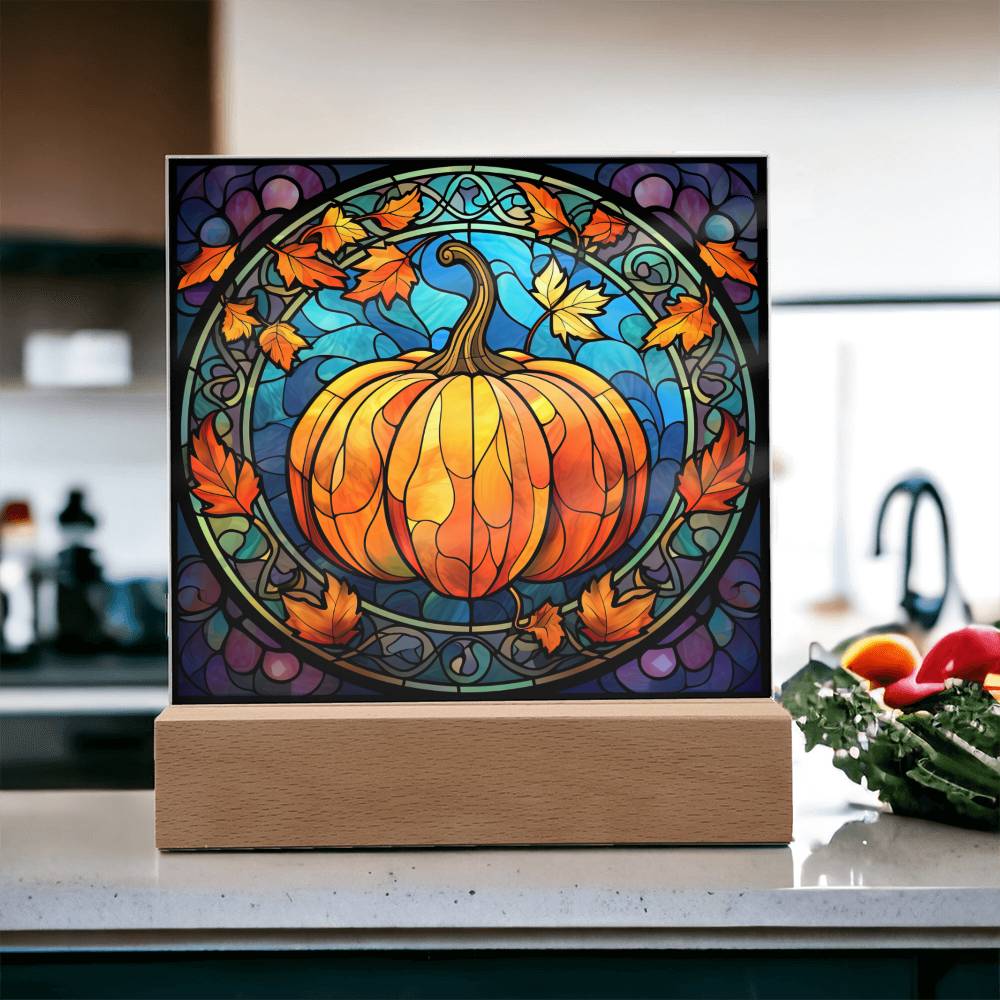 Fall Pumpkin Faux Stained Glass Square Acrylic Plaque