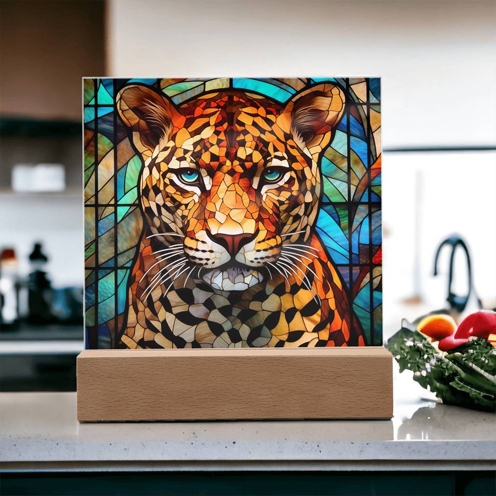 Leopard Faux Stained Glass Square Acrylic Plaque