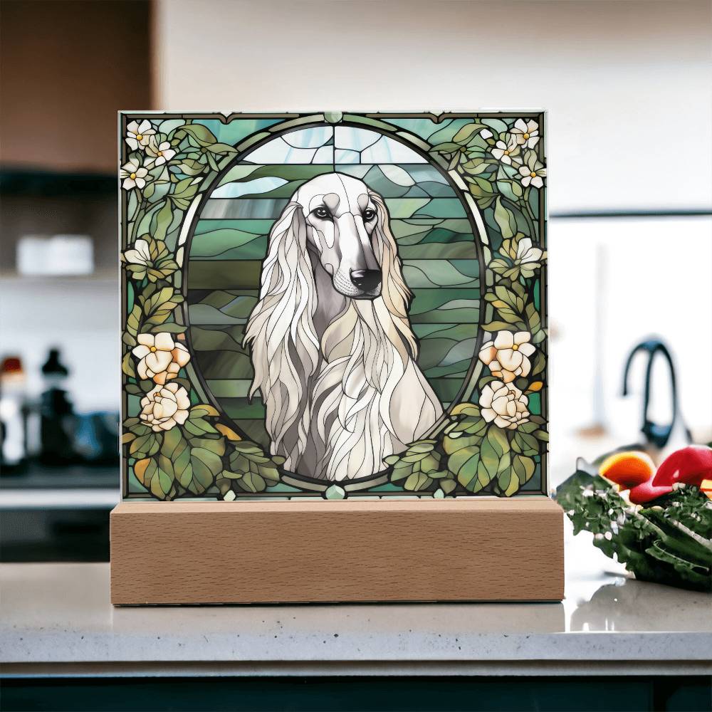 White Afghan Hound Dog Acrylic  Square Plaque, Pet Memorial