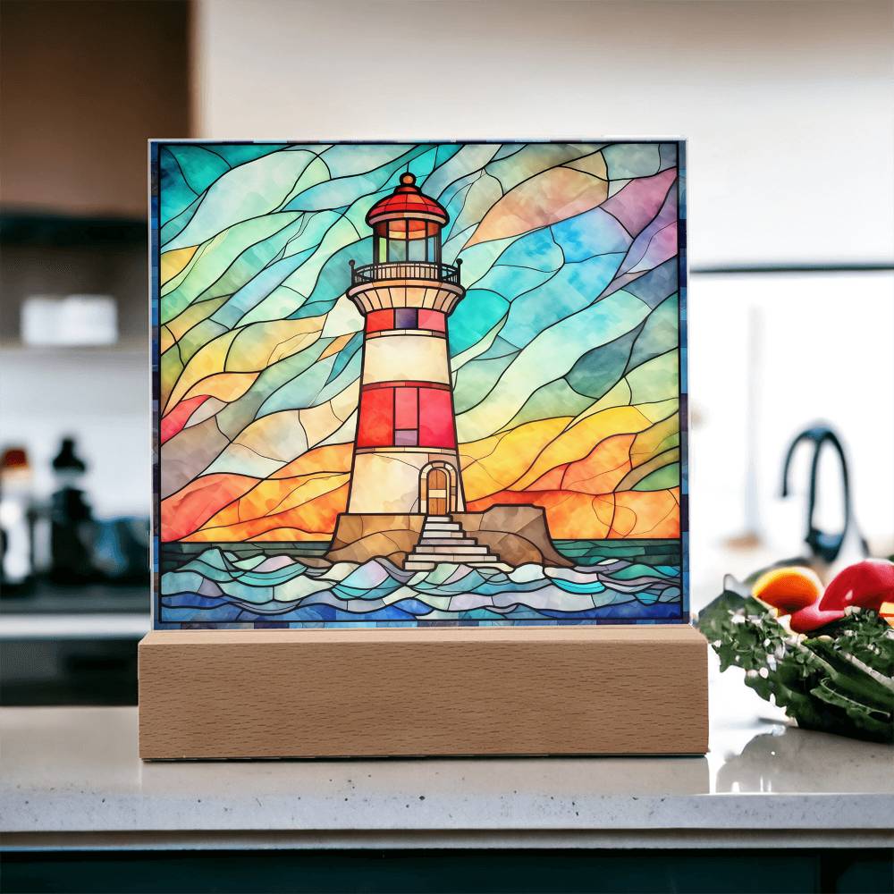 Lighthouse Sublimation Stained Glass Square Acrylic Plaque