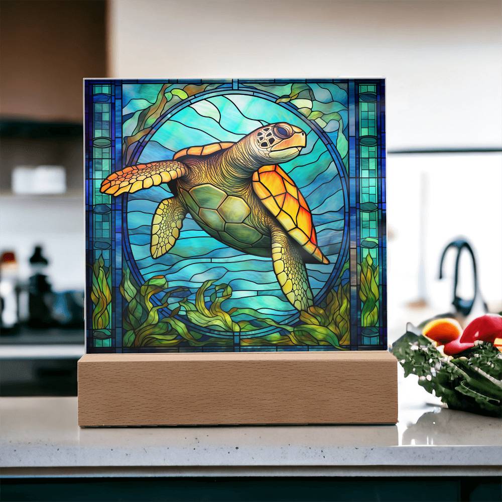 Sea Turtle Sublimation Stained Glass Square Acrylic Plaque