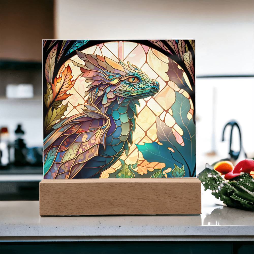 Dragon Faux Stained Glass Square Acrylic Plaque