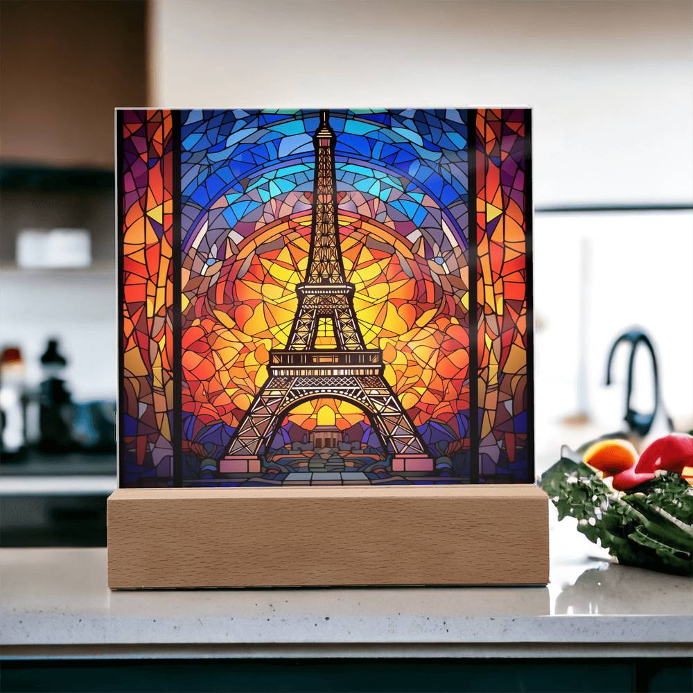 Eiffel Tower Faux Stained Glass Square Acrylic Plaque