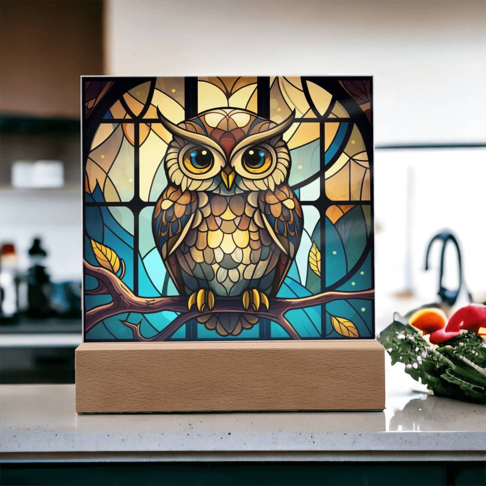 Owl Faux Stained Glass Square Acrylic Plaque