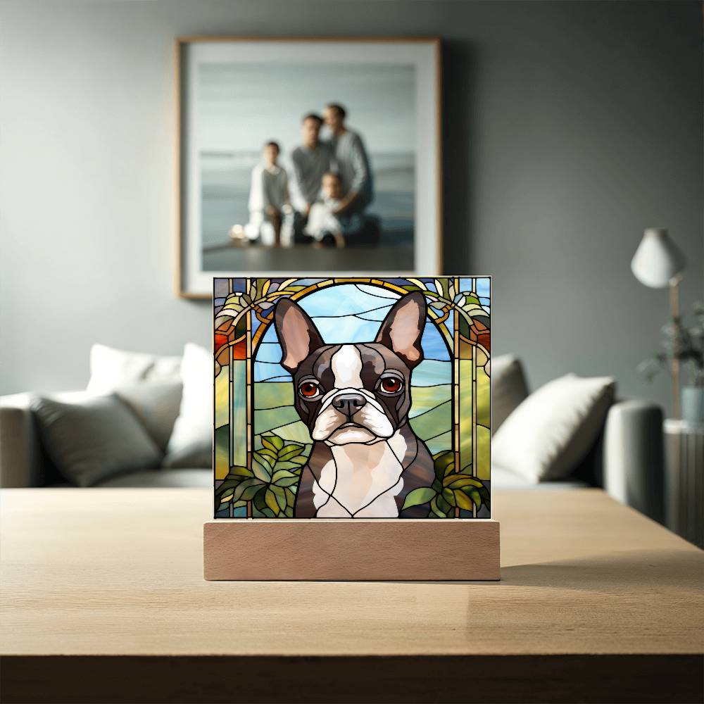 Grey Boston Terrier Dog Acrylic  Square Plaque, Pet Memorial