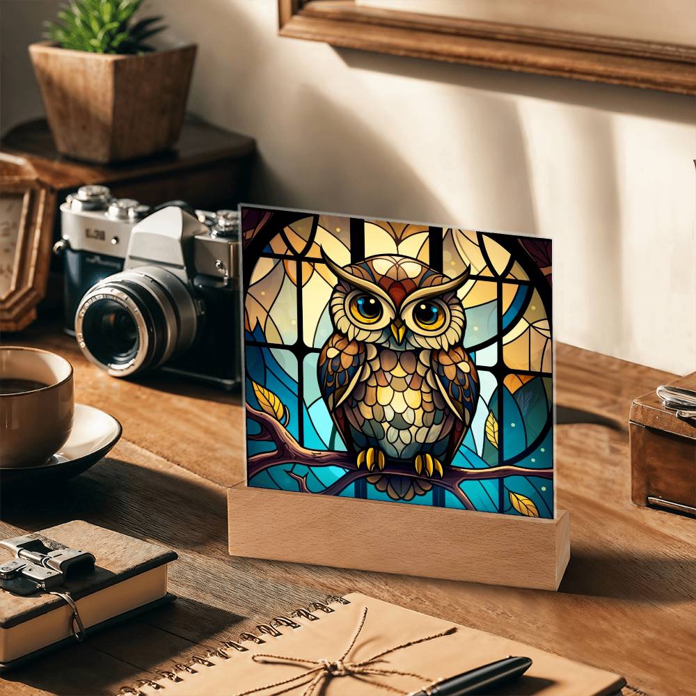 Owl Faux Stained Glass Square Acrylic Plaque