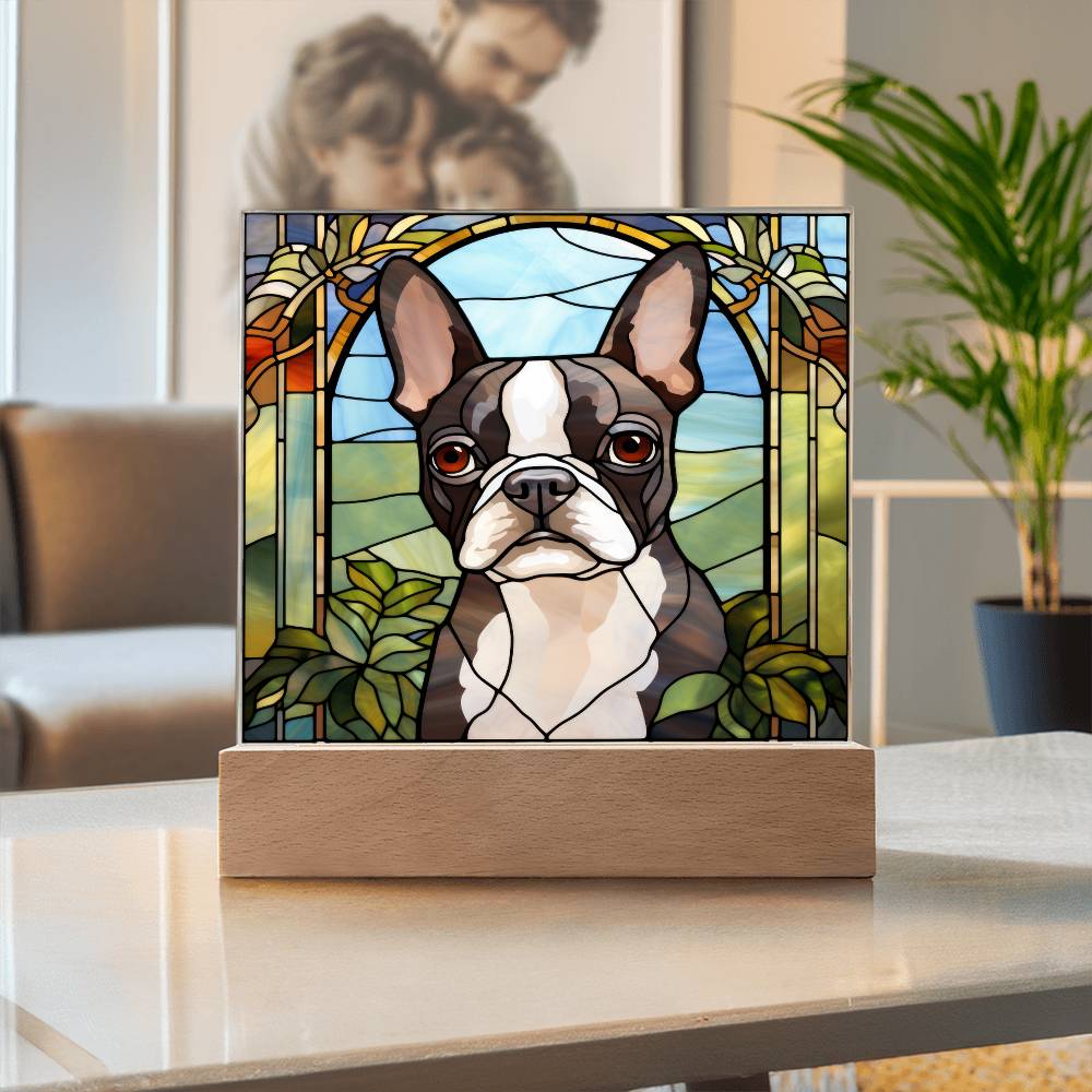 Grey Boston Terrier Dog Acrylic  Square Plaque, Pet Memorial