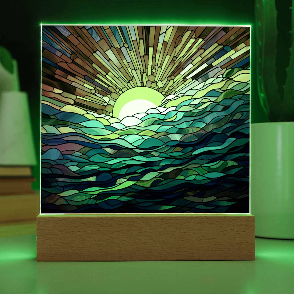 Ocean Sunrise Faux Stained Glass Square Acrylic Plaque