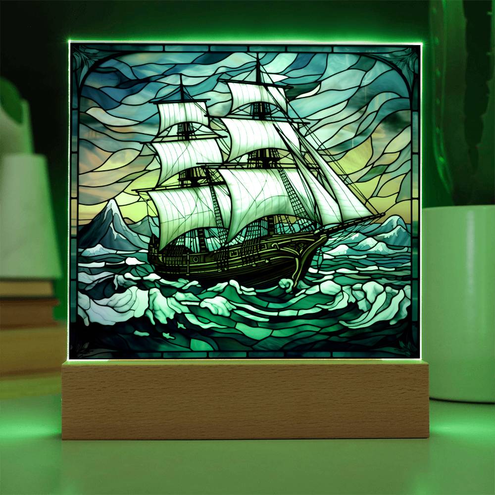 Sailing Ship Schooner Faux Stained Glass Square Acrylic Plaque