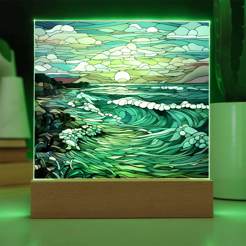 Sunset Waves on the Beach Stained Glass Sublimation Square Acrylic Plaque