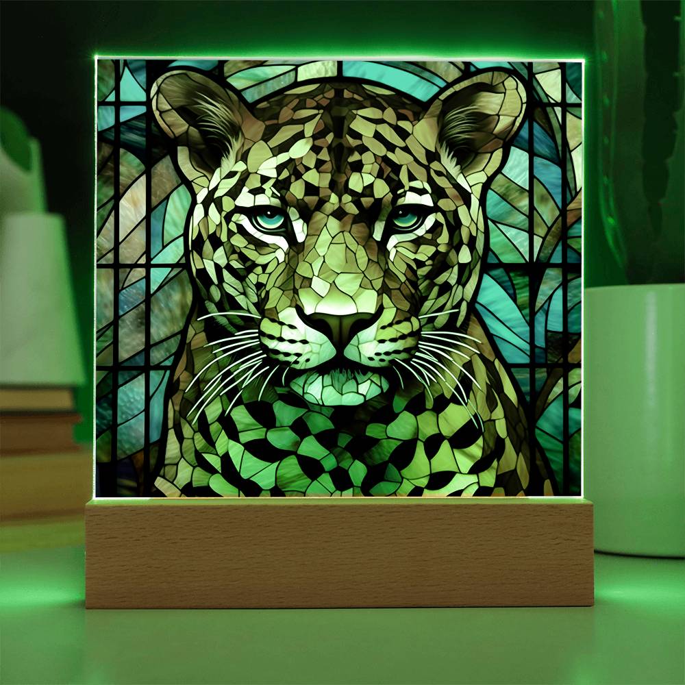 Leopard Faux Stained Glass Square Acrylic Plaque