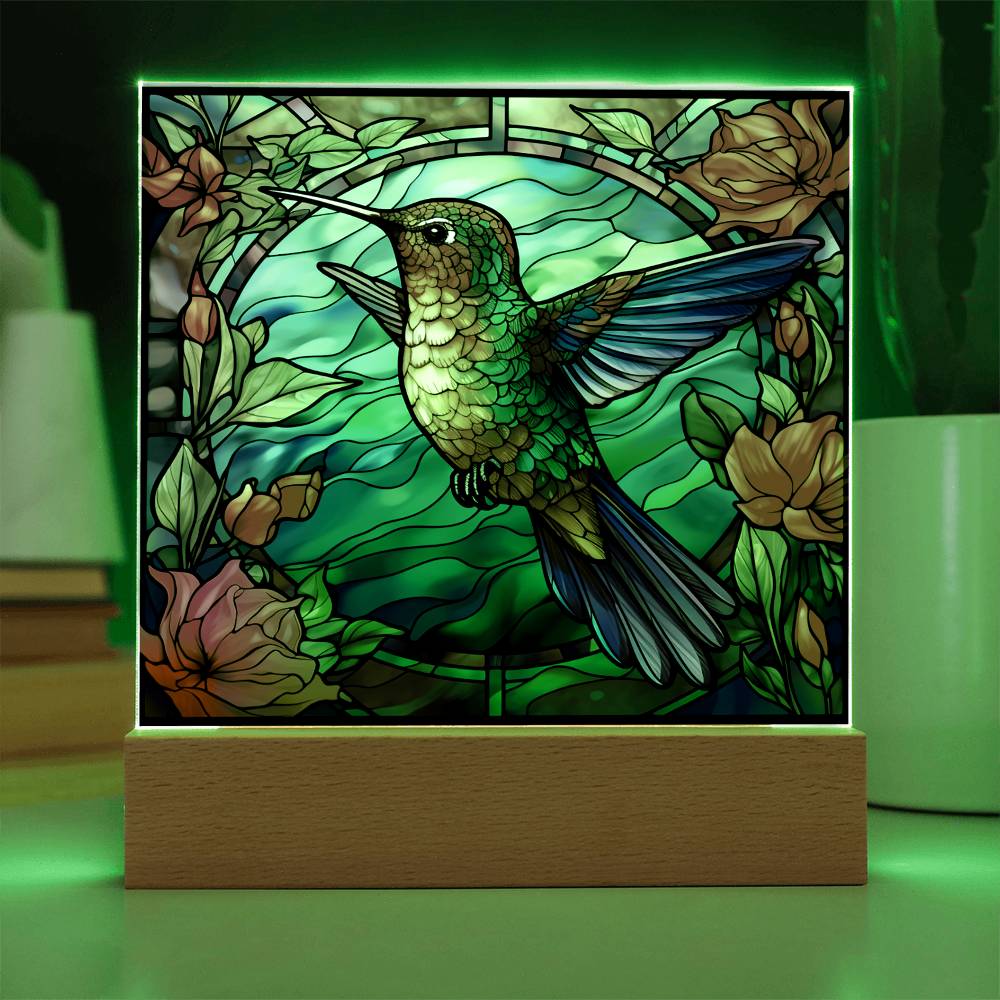 Hummingbird Faux Stained Glass Square Acrylic Plaque