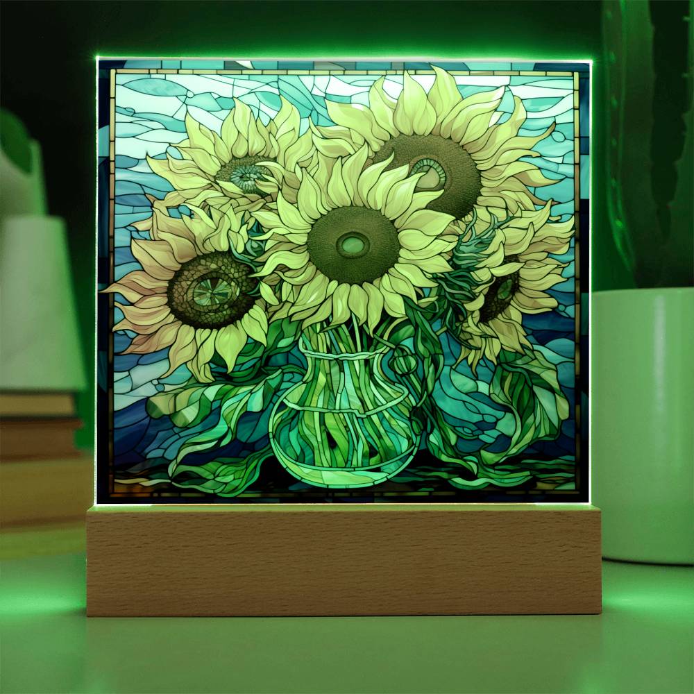 Sunflowers in Vase Faux Stained Glass Square Acrylic Plaque