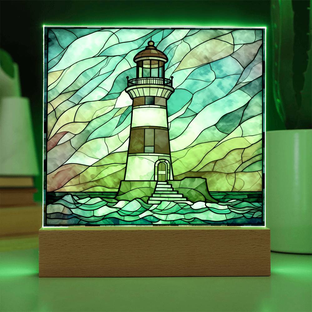 Lighthouse Sublimation Stained Glass Square Acrylic Plaque