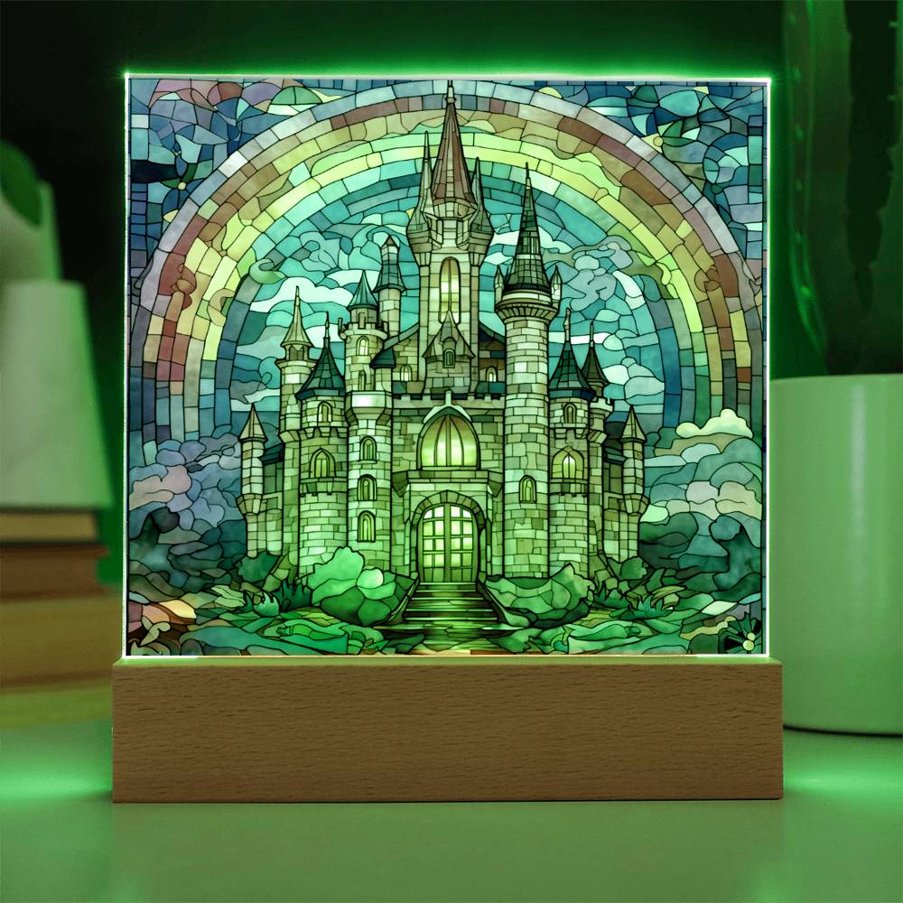 Rainbow Castle Faux Stained Glass Square Acrylic Plaque