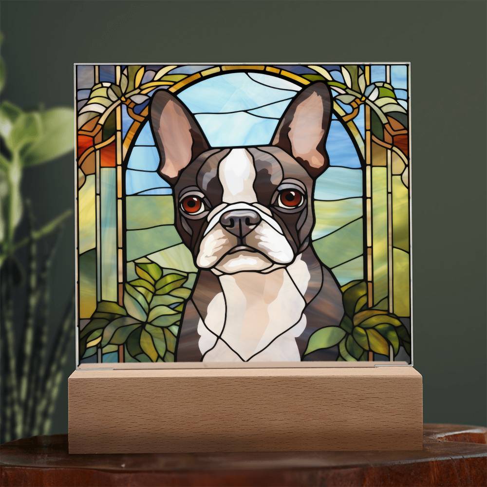 Grey Boston Terrier Dog Acrylic  Square Plaque, Pet Memorial