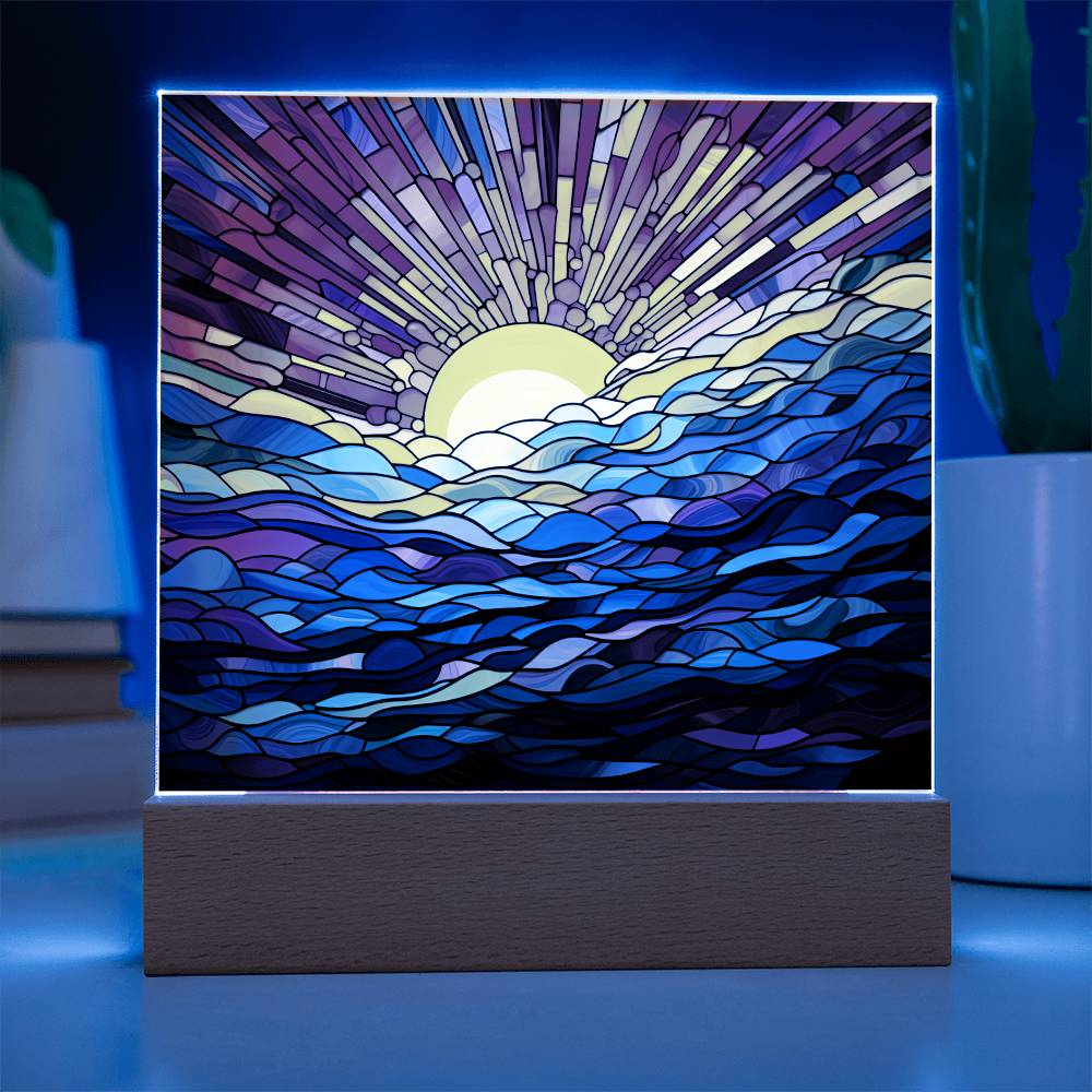 Ocean Sunrise Faux Stained Glass Square Acrylic Plaque