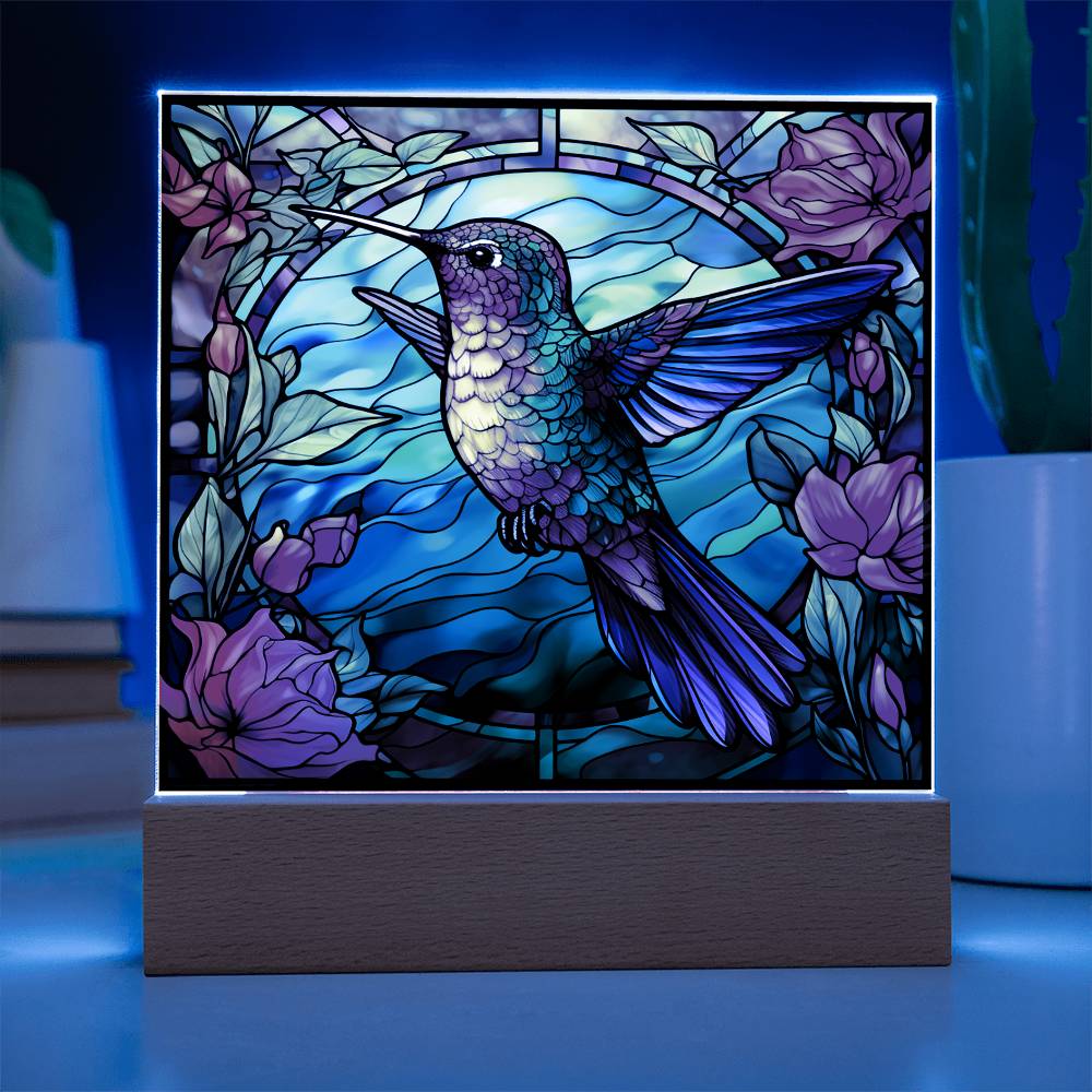 Hummingbird Faux Stained Glass Square Acrylic Plaque