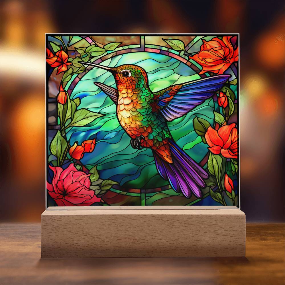 Hummingbird Faux Stained Glass Square Acrylic Plaque