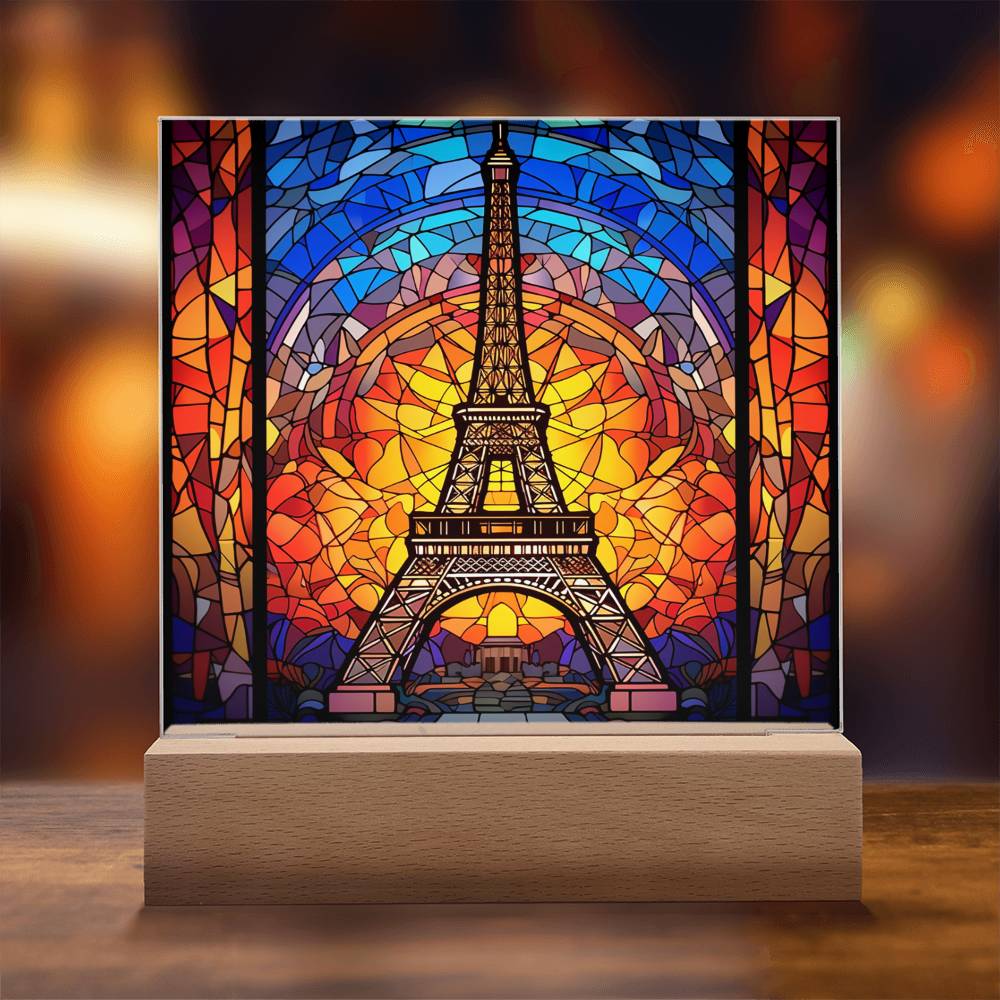 Eiffel Tower Faux Stained Glass Square Acrylic Plaque