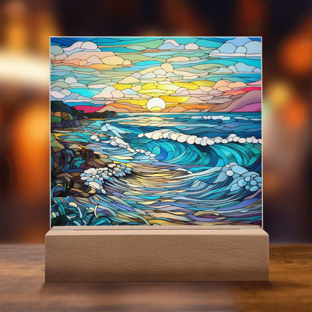 Sunset Waves on the Beach Stained Glass Sublimation Square Acrylic Plaque