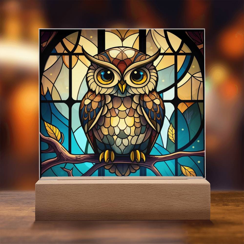 Owl Faux Stained Glass Square Acrylic Plaque