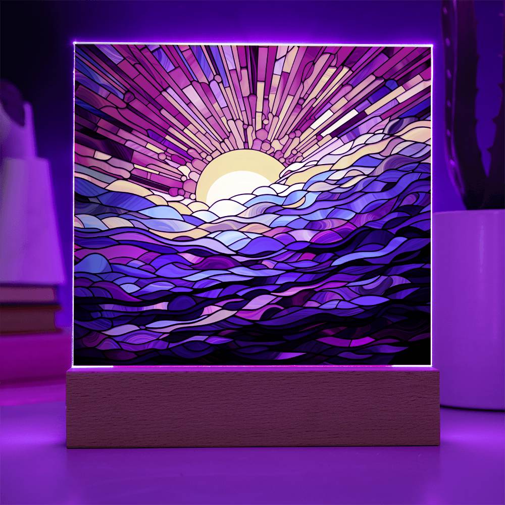 Ocean Sunrise Faux Stained Glass Square Acrylic Plaque