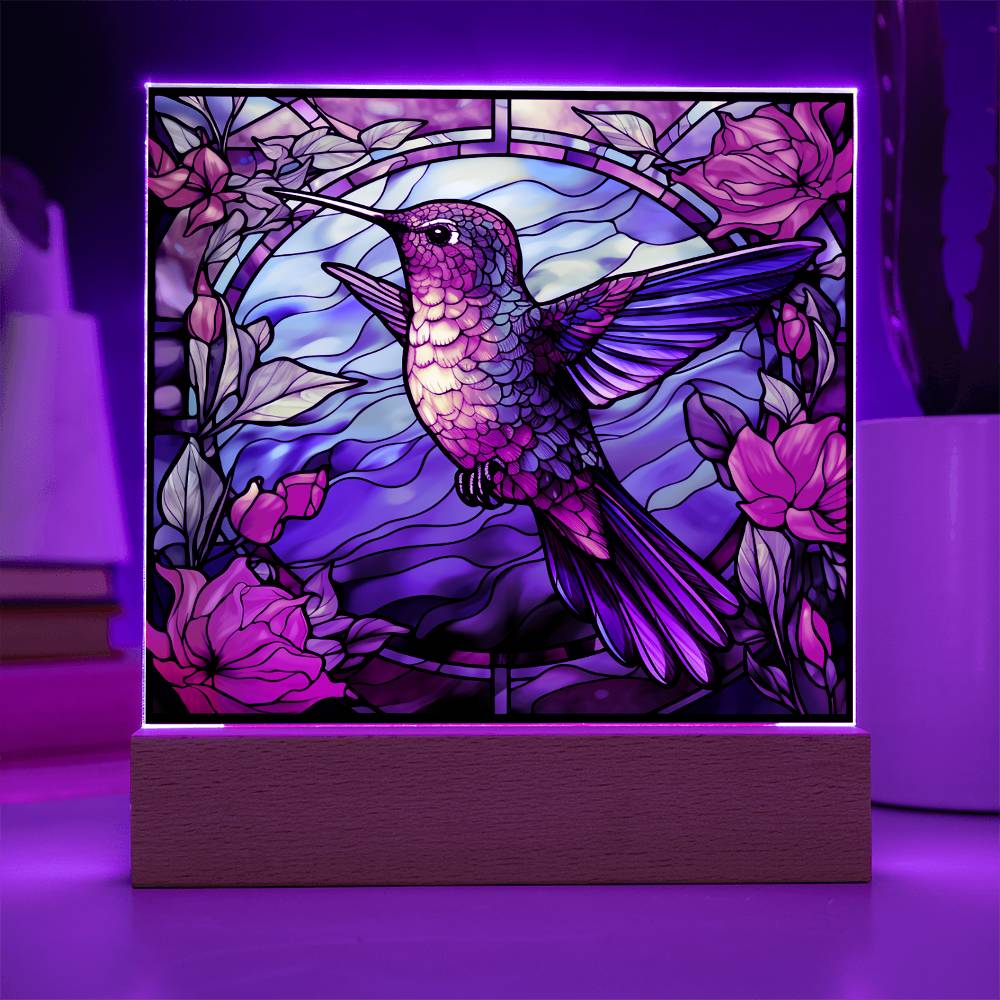 Hummingbird Faux Stained Glass Square Acrylic Plaque