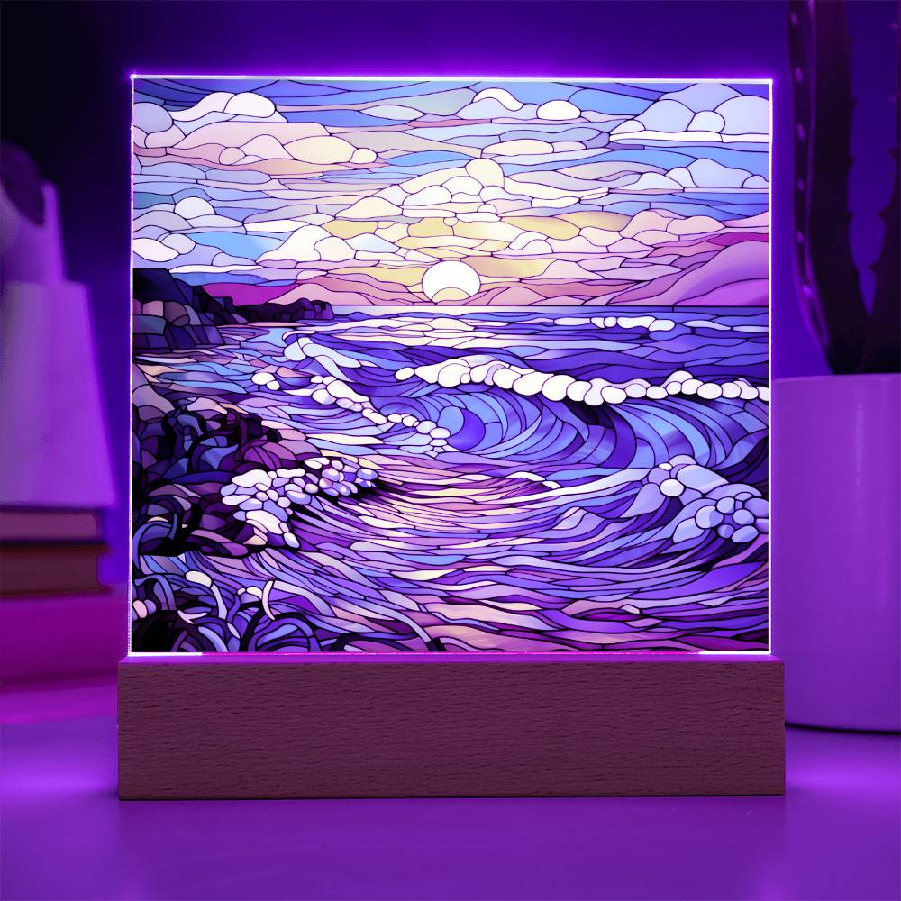 Sunset Waves on the Beach Stained Glass Sublimation Square Acrylic Plaque